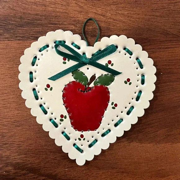 Vintage 80s Heart Apple Hanging Tin Punch Handcrafted • Teacher Gift • Ornament - Picture 1 of 2